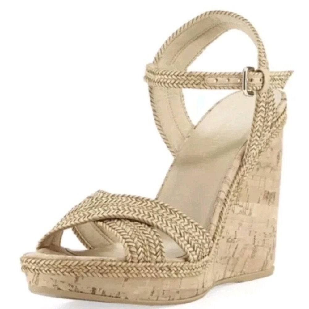 Stuart Weitzman Minx Espadrille Wedge Sandals 36/6 Cork Ankle Strap Heeled Boho
